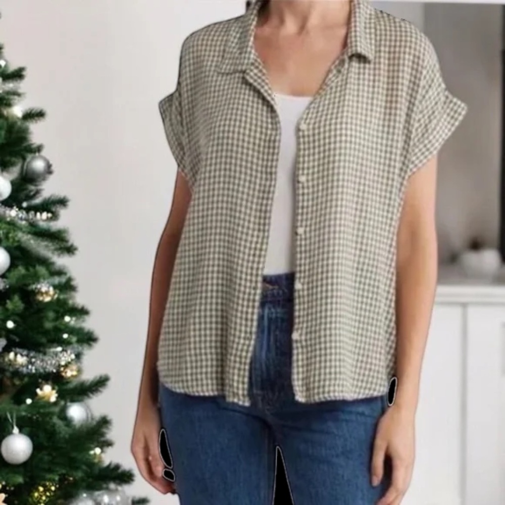 LUCKY BRAND Gingham Plaid Short Sleeve Top | Olive and White Check | Medium